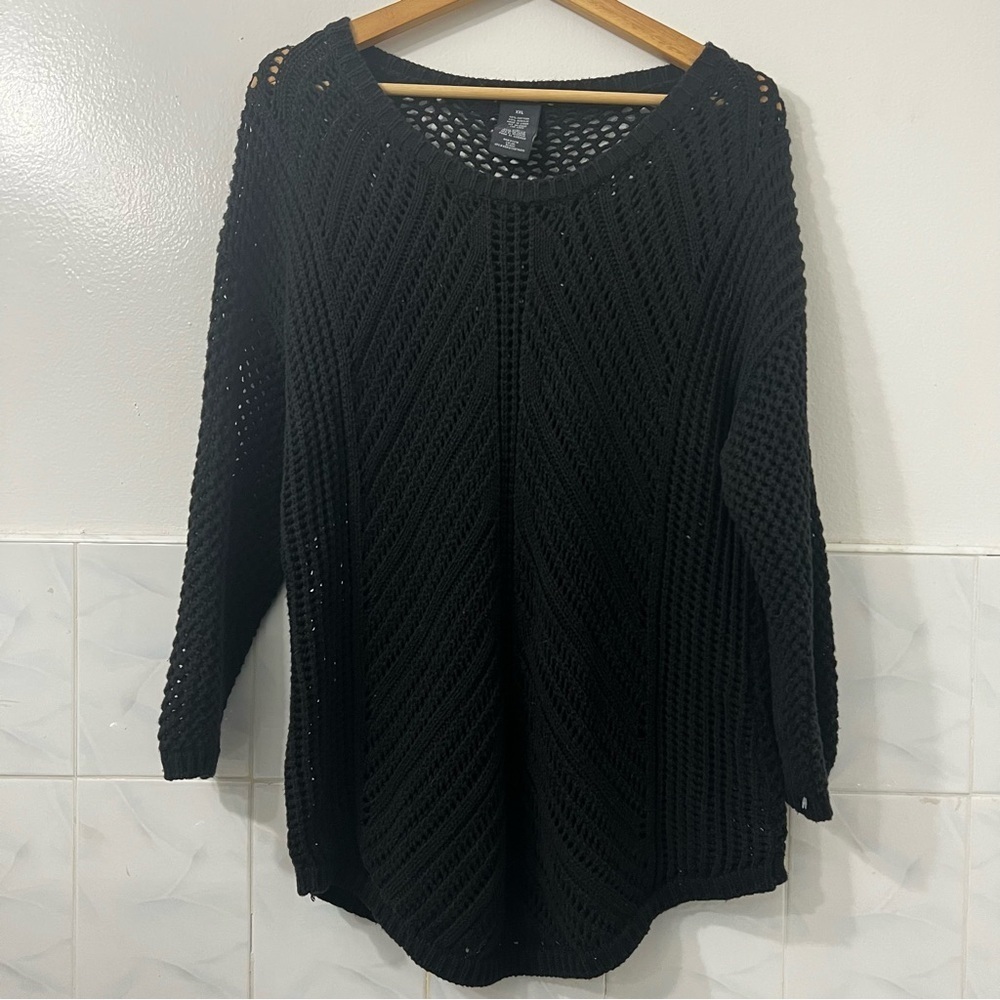 Women's Open Knit Long Sleeve Sweater Black Size 2XL Minimalist Beach Coastal